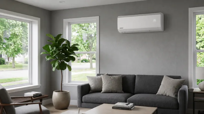 Lichte woonkamer met airco-binnenunit en zicht op de tuin