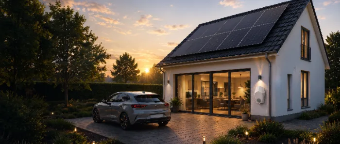 Woning in het avondlicht met zonnepanelen en thuisbatterij