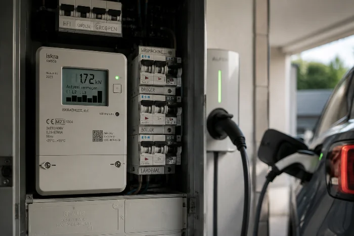 Meterkast met slimme meter en groepen naast een laadpaal met aangesloten auto