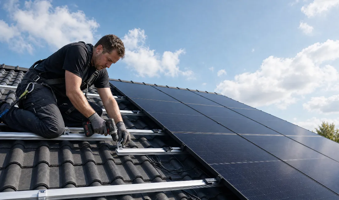 Monteur op het dak tijdens de installatie van zonnepanelen
