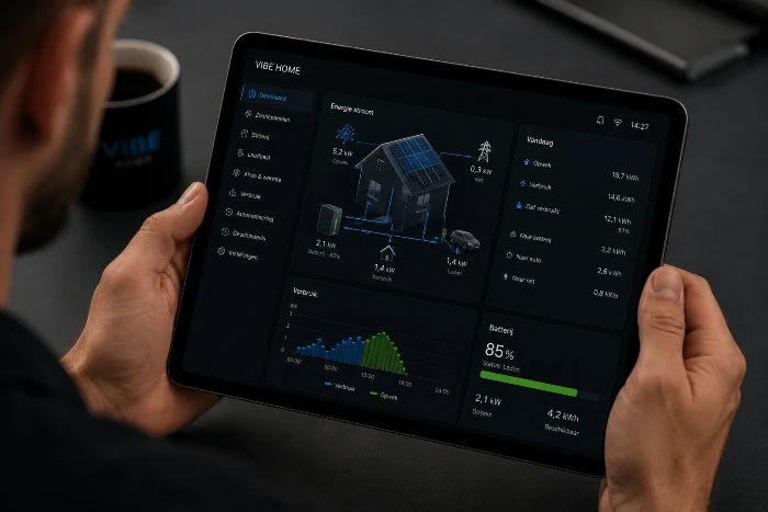Bewoner bekijkt het energieoverzicht op een tablet