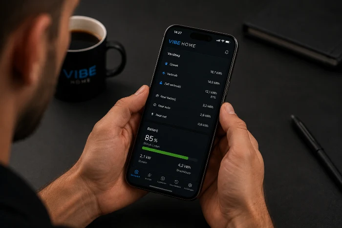 Bewoner volgt opwek en verbruik in de Vibe Home-app