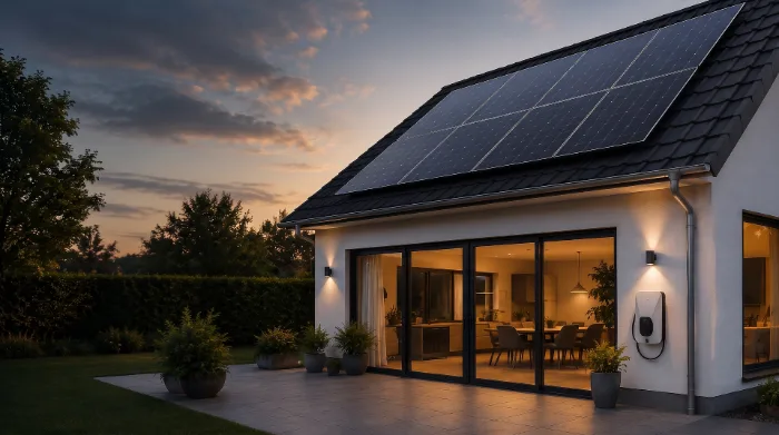 Woning met zonnepanelen op het dak en een laadpunt aan de gevel bij schemer